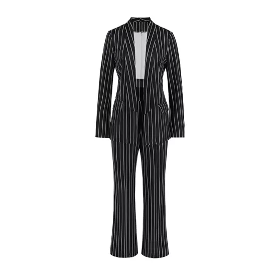 Striped Lapel Long Sleeves Blazer Top + Wide Leg Pants Bottom Two Pieces Set