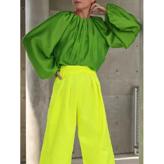 Contrast Color Round-Neck Puff Sleeves Blouse Top + Wide Leg Pants Two Pieces Set