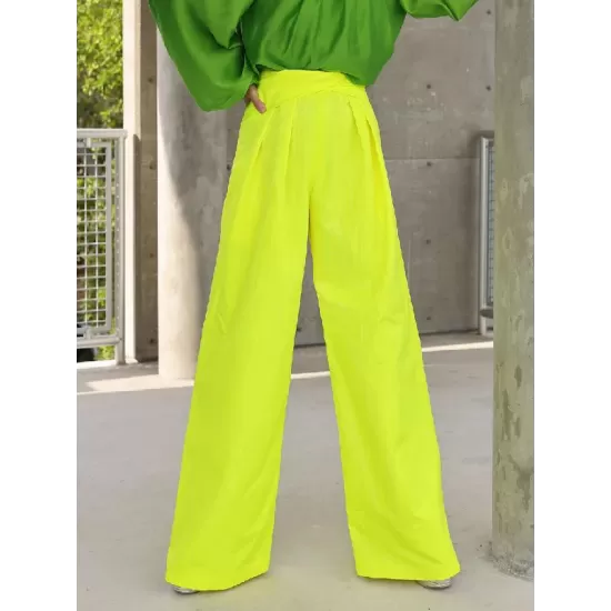 Contrast Color Round-Neck Puff Sleeves Blouse Top + Wide Leg Pants Two Pieces Set