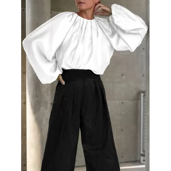 Contrast Color Round-Neck Puff Sleeves Blouse Top + Wide Leg Pants Two Pieces Set