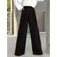 Contrast Color Round-Neck Puff Sleeves Blouse Top + Wide Leg Pants Two Pieces Set