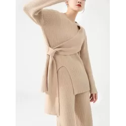 Loose Asymmetric Solid Color Long Sleeves Split-Front Round-Neck Sweater Top + Pants Bottom Two Pieces Set