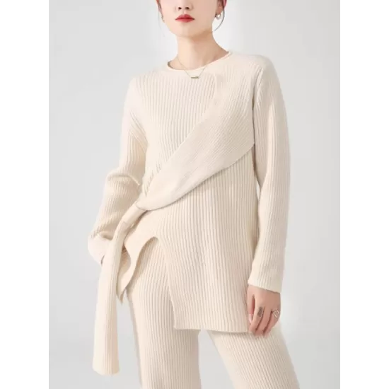 Loose Asymmetric Solid Color Long Sleeves Split-Front Round-Neck Sweater Top + Pants Bottom Two Pieces Set