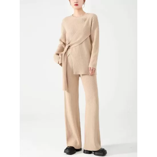 Loose Asymmetric Solid Color Long Sleeves Split-Front Round-Neck Sweater Top + Pants Bottom Two Pieces Set