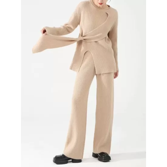 Loose Asymmetric Solid Color Long Sleeves Split-Front Round-Neck Sweater Top + Pants Bottom Two Pieces Set