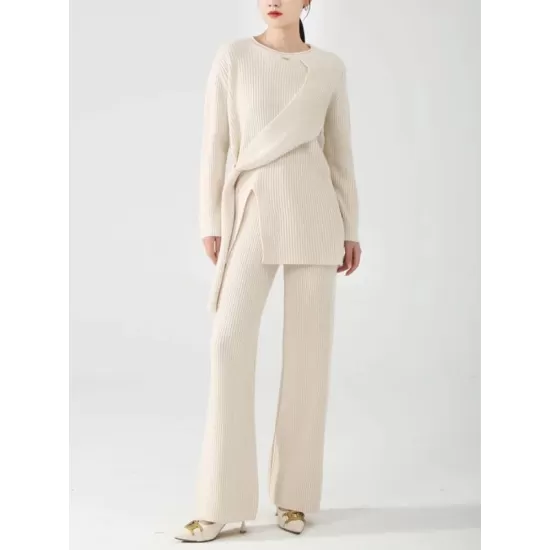 Loose Asymmetric Solid Color Long Sleeves Split-Front Round-Neck Sweater Top + Pants Bottom Two Pieces Set