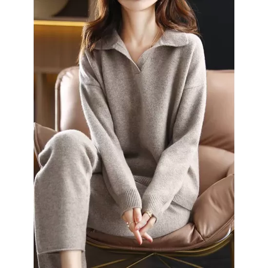 Loose Solid Color Long Sleeves Polo Sweater Top + Pants Bottom Two Pieces Set