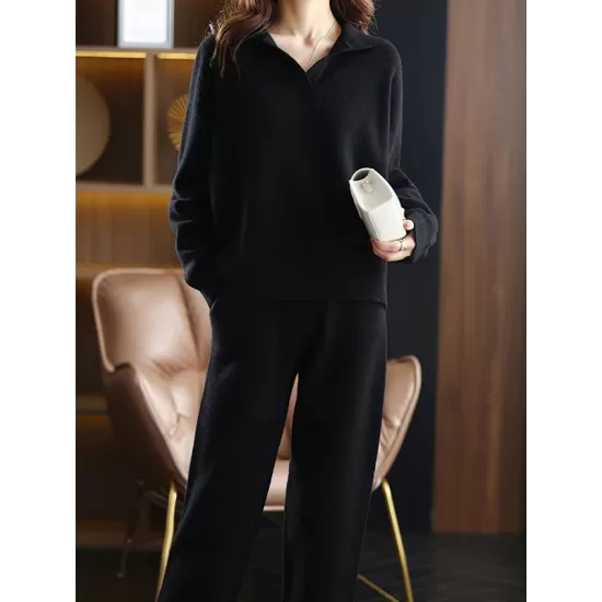 Loose Solid Color Long Sleeves Polo Sweater Top + Pants Bottom Two Pieces Set