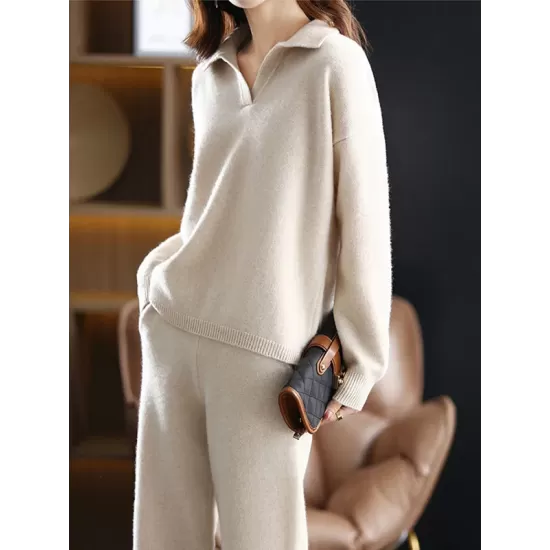 Loose Solid Color Long Sleeves Polo Sweater Top + Pants Bottom Two Pieces Set