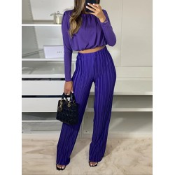 Round-Neck Long Sleeves Elasticity Pleated Solid Color Shirts Top + High Waisted Pants Bottom Two Pieces Set