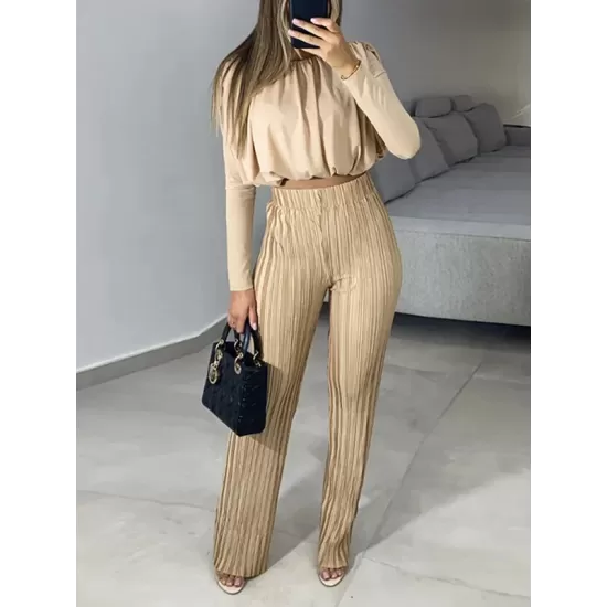 Round-Neck Long Sleeves Elasticity Pleated Solid Color Shirts Top + High Waisted Pants Bottom Two Pieces Set