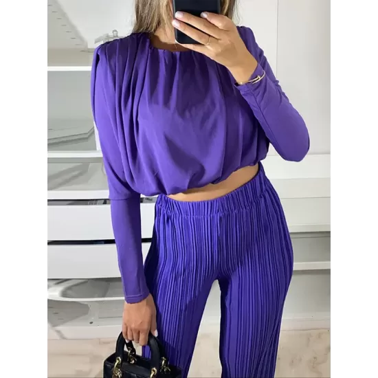 Round-Neck Long Sleeves Elasticity Pleated Solid Color Shirts Top + High Waisted Pants Bottom Two Pieces Set