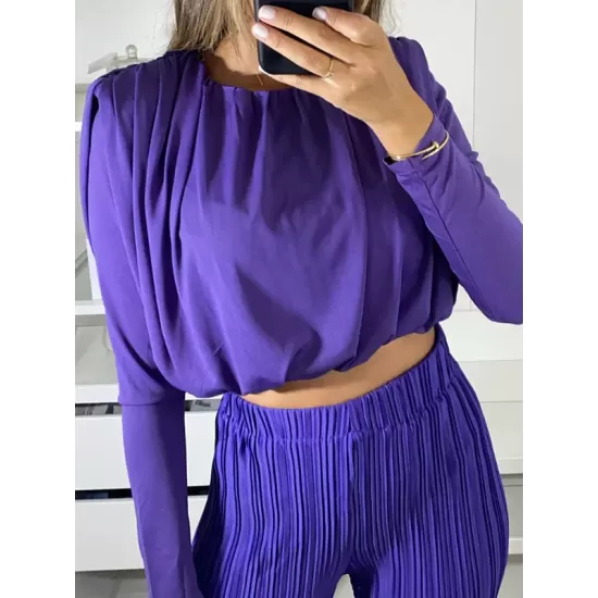 Round-Neck Long Sleeves Elasticity Pleated Solid Color Shirts Top + High Waisted Pants Bottom Two Pieces Set