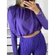 Round-Neck Long Sleeves Elasticity Pleated Solid Color Shirts Top + High Waisted Pants Bottom Two Pieces Set