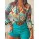 Flower Print Long Sleeves Buttoned  Deep V-Neck Shirts Top +Belted Shorts Bottom Two Pieces Set