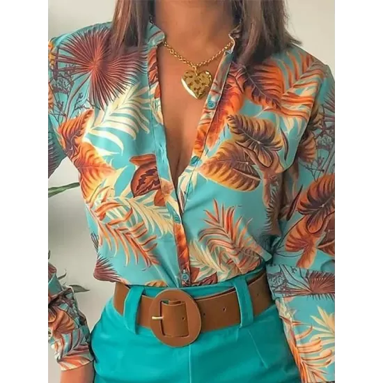 Flower Print Long Sleeves Buttoned  Deep V-Neck Shirts Top +Belted Shorts Bottom Two Pieces Set