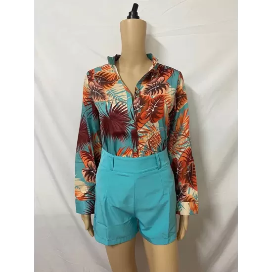 Flower Print Long Sleeves Buttoned  Deep V-Neck Shirts Top +Belted Shorts Bottom Two Pieces Set