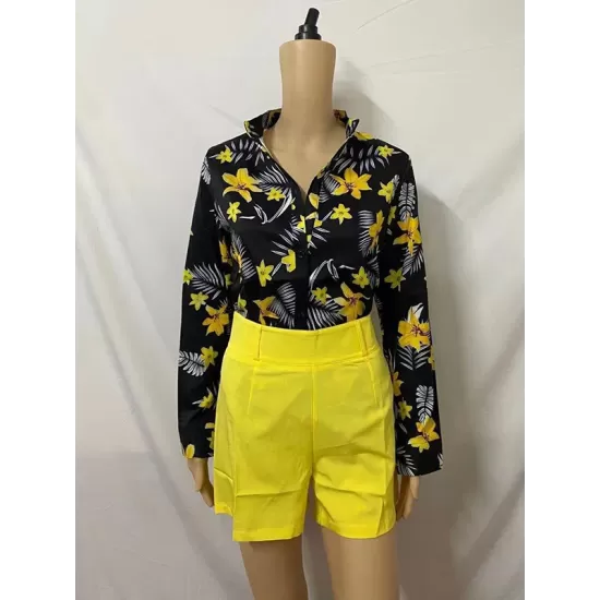 Flower Print Long Sleeves Buttoned  Deep V-Neck Shirts Top +Belted Shorts BottomTwo Pieces Set