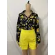 Flower Print Long Sleeves Buttoned  Deep V-Neck Shirts Top +Belted Shorts BottomTwo Pieces Set