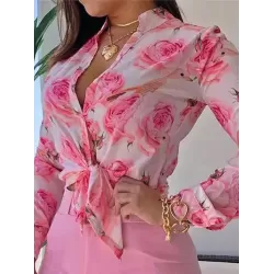 Flower Print Long Sleeves Buttoned  Deep V-Neck Shirts Top +Belted Shorts Bottom Two Pieces Set