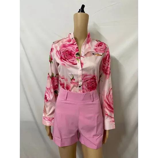 Flower Print Long Sleeves Buttoned  Deep V-Neck Shirts Top +Belted Shorts Bottom Two Pieces Set