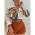 Print Long Sleeves Buttoned  Deep V-Neck Shirts Top +Belted Shorts Bottom Two Pieces Set