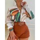 Print Long Sleeves Buttoned  Deep V-Neck Shirts Top +Belted Shorts Bottom Two Pieces Set