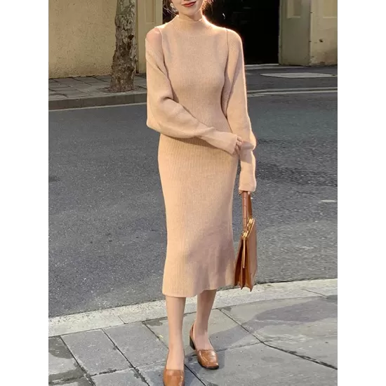 Mock Neck Long Sleeves Solid Color Cardigan Top + High Waisted Sweater Dress Two Pieces Set