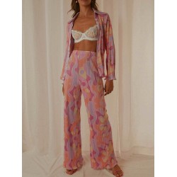 Pleated Long Sleeves Loose Buttoned Print Lapel Shirts Top + Elasticity Pants Bottom Two Pieces Set