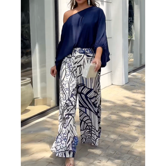 Loose Puff Sleeves Solid Color Off-The-Shoulder Blouses& Printed Pants Two Pieces Set