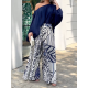 Loose Puff Sleeves Solid Color Off-The-Shoulder Blouses& Printed Pants Two Pieces Set