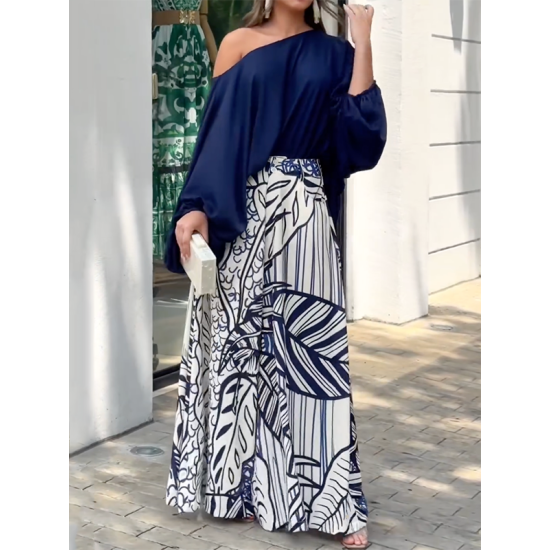 Loose Puff Sleeves Solid Color Off-The-Shoulder Blouses& Printed Pants Two Pieces Set