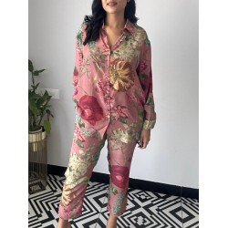 Lapel Long Sleeves Buttoned Flower Print Shirts Top + Ninth Pants Pants Bottom Two Pieces Set