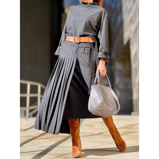 Solid Color Loose Top +  Asymmetric Pleated Split-Joint  Skirt Two Pieces Set