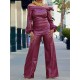 Long Sleeves Puff Sleeves Asymmetric Knot Solid Color Off-The-Shoulder Shirts Top + Pants Bottom Two Pieces Set