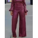 Long Sleeves Puff Sleeves Asymmetric Knot Solid Color Off-The-Shoulder Shirts Top + Pants Bottom Two Pieces Set