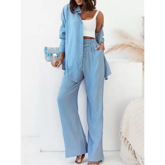 Lapel Long Sleeves Buttoned Pockets Solid Color Shirts Top + Elasticity High Waisted Pants Bottom Two Pieces Set