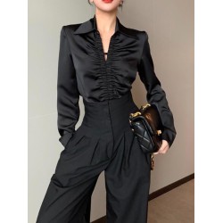 Pleated Solid Color Long Sleeves Skinny Lapel Two Pieces Set Pants Set