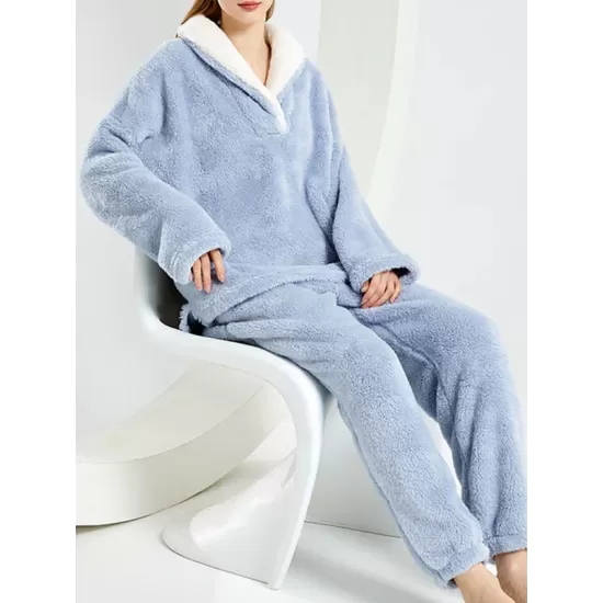 Coral Fleece Split-Joint V-Neck + Pants Pajama Two Pieces Set