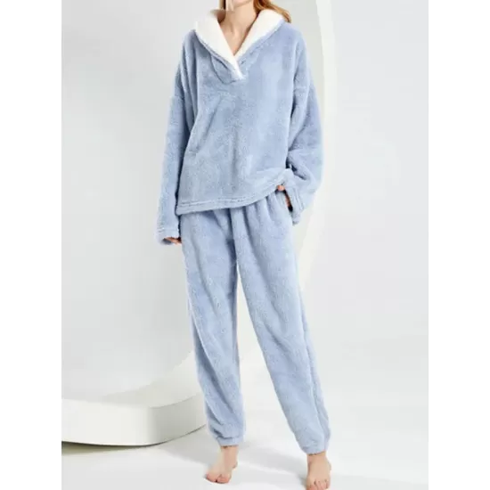 Coral Fleece Split-Joint V-Neck + Pants Pajama Two Pieces Set