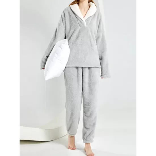 Coral Fleece Split-Joint V-Neck + Pants Pajama Two Pieces Set