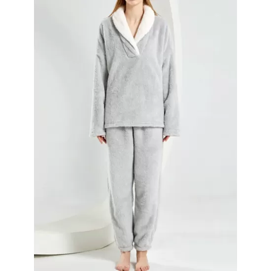 Coral Fleece Split-Joint V-Neck + Pants Pajama Two Pieces Set