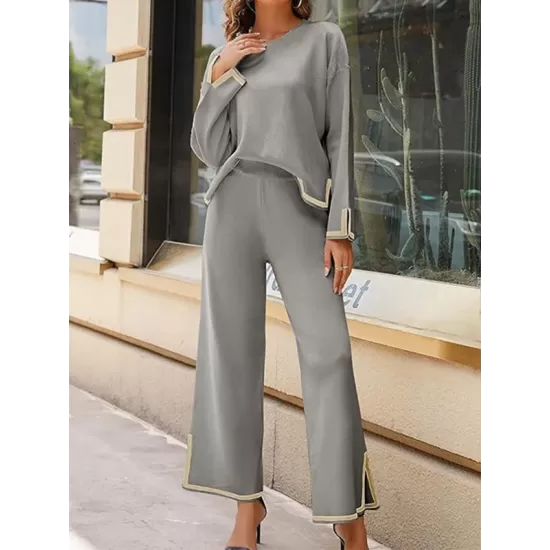 Round-Neck High-Low Long Sleeves Contrast Color Split-Side Sweater Top + Pants Bottom Two Pieces Set