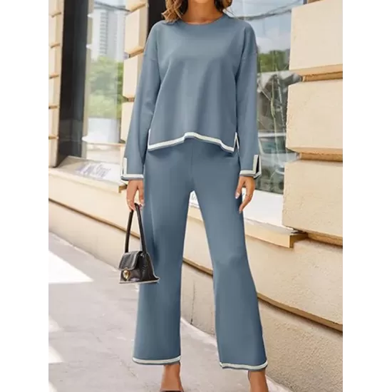 Round-Neck High-Low Long Sleeves Contrast Color Split-Side Sweater Top + Pants Bottom Two Pieces Set