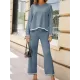 Round-Neck High-Low Long Sleeves Contrast Color Split-Side Sweater Top + Pants Bottom Two Pieces Set