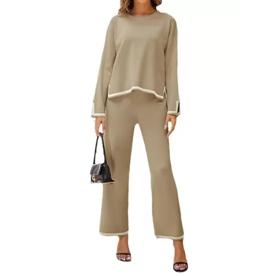 Round-Neck High-Low Long Sleeves Contrast Color Split-Side Sweater Top + Pants Bottom Two Pieces Set