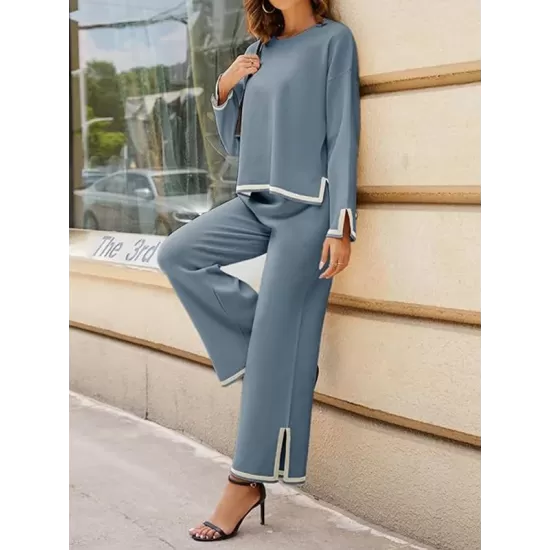 Round-Neck High-Low Long Sleeves Contrast Color Split-Side Sweater Top + Pants Bottom Two Pieces Set