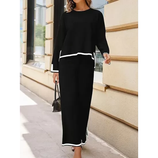 Round-Neck High-Low Long Sleeves Contrast Color Split-Side Sweater Top + Pants Bottom Two Pieces Set