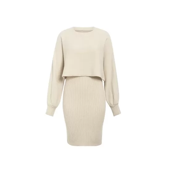 Round-Neck Long Sleeves Solid Color Sweater Top + Inner Dress Two Pieces Set