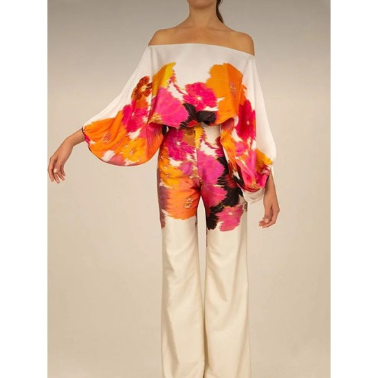 High Waisted Long Sleeves Flower Print Off-The-Shoulder Pants Set Suits Two Pieces Set